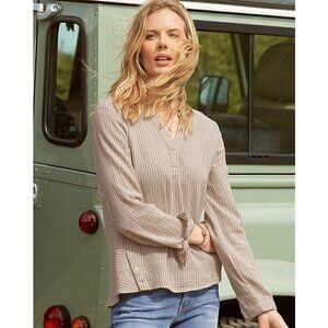 Garnet Hill Banded-Collar Gauze Shirt Size 8 Striped V Neck Tan Organic Cotton